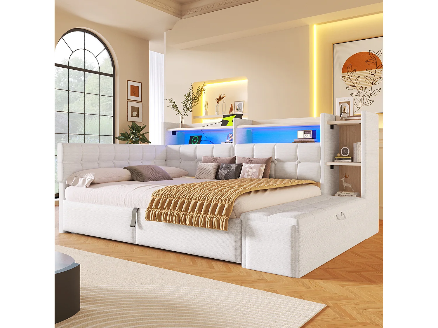 Letto contenitore 140 x 200 cm con ripiano a scomparto, panca contenitore, LED, USB e Type-C - Velluto e MDF - Bianco (Materasso non incluso)