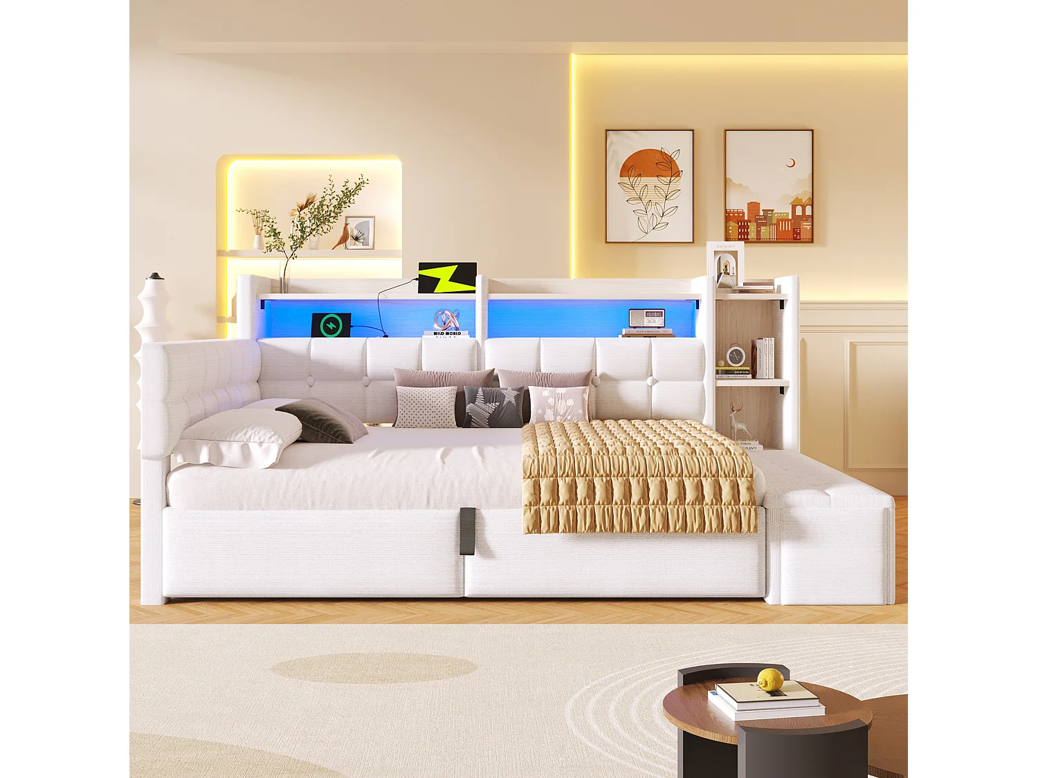 Letto contenitore 140 x 200 cm con ripiano a scomparto, panca contenitore, LED, USB e Type-C - Velluto e MDF - Bianco (Materasso non incluso)