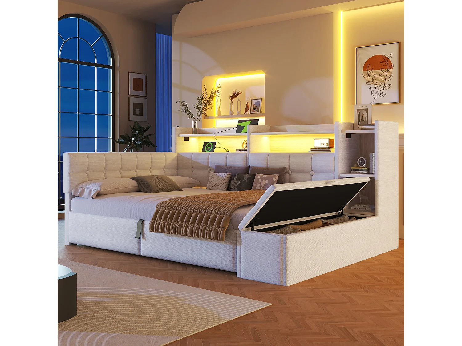 Letto contenitore 140 x 200 cm con ripiano a scomparto, panca contenitore, LED, USB e Type-C - Velluto e MDF - Bianco (Materasso non incluso)