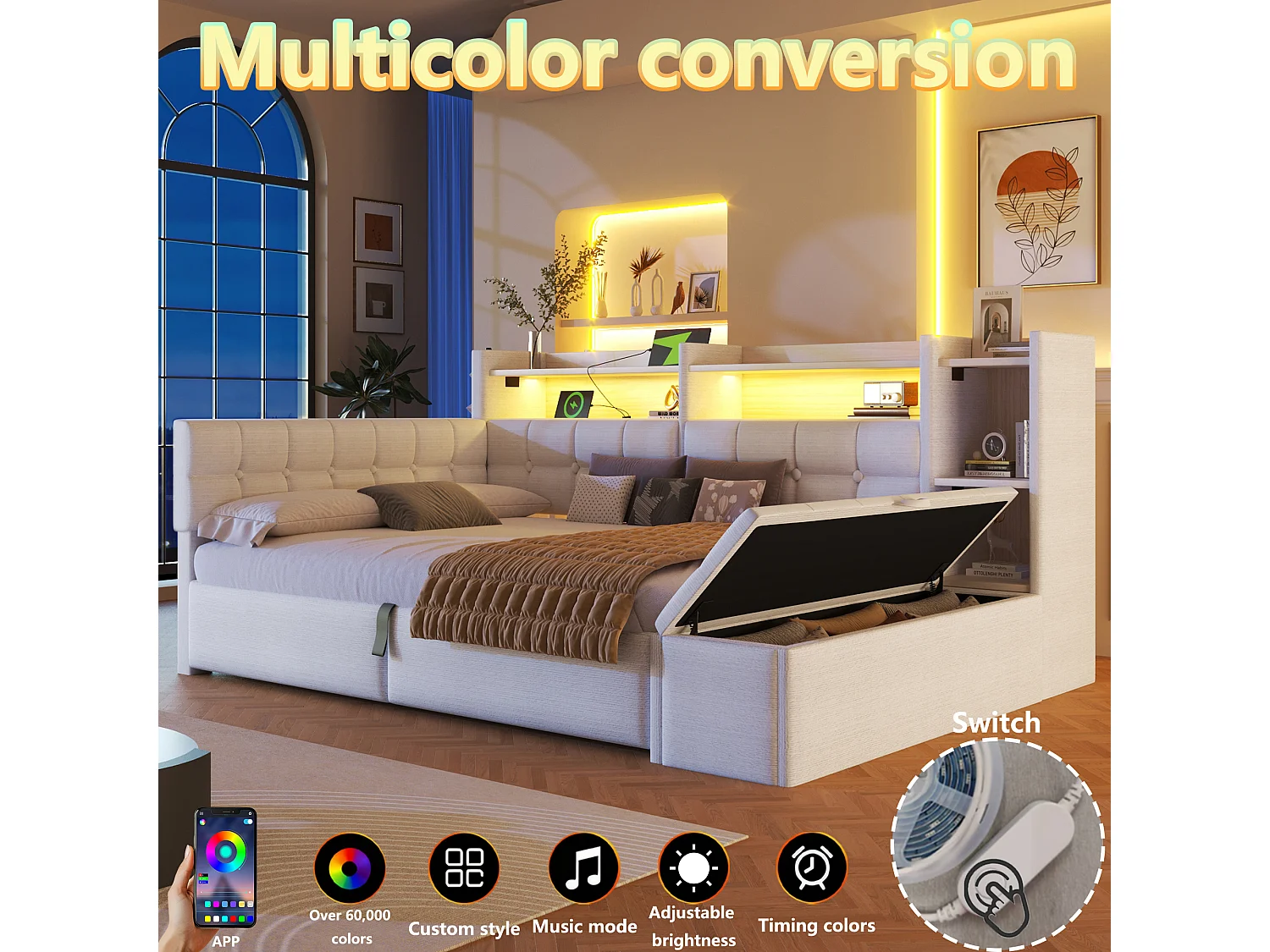 Letto contenitore 140 x 200 cm con ripiano a scomparto, panca contenitore, LED, USB e Type-C - Velluto e MDF - Bianco (Materasso non incluso)