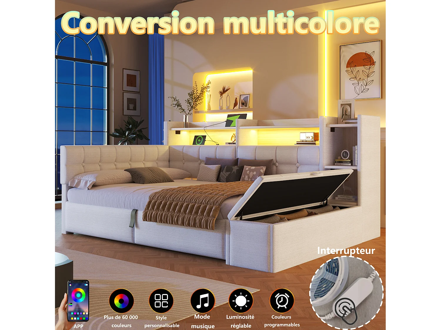 Letto contenitore 140 x 200 cm con ripiano a scomparto, panca contenitore, LED, USB e Type-C - Velluto e MDF - Bianco (Materasso non incluso)