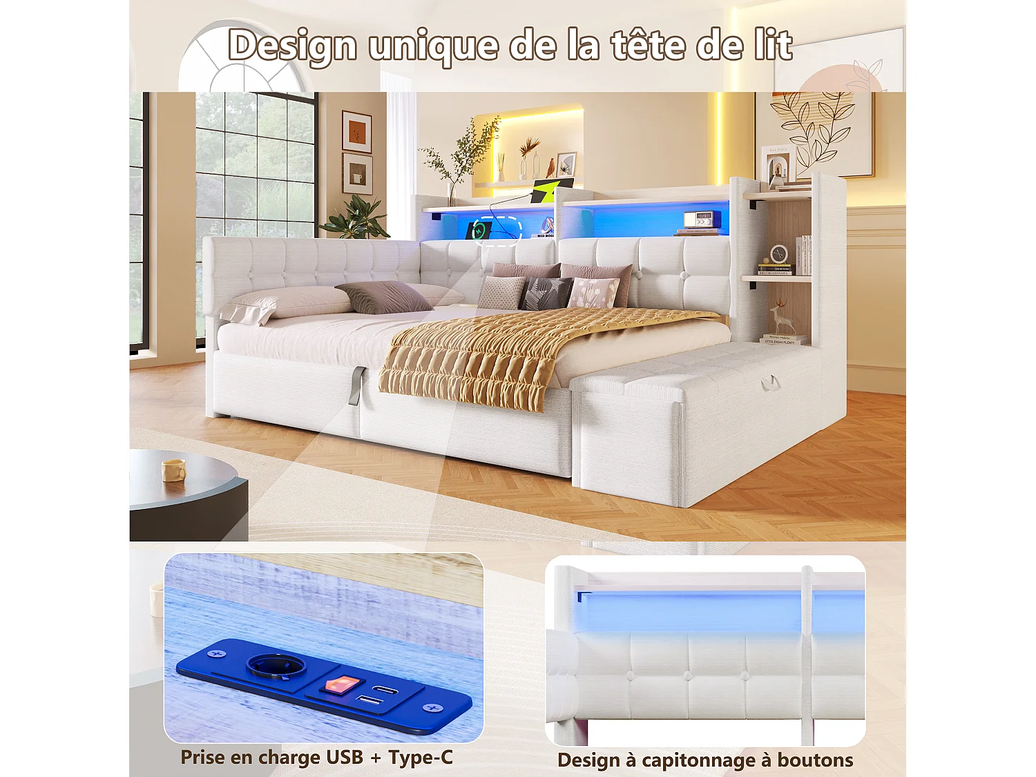 Letto contenitore 140 x 200 cm con ripiano a scomparto, panca contenitore, LED, USB e Type-C - Velluto e MDF - Bianco (Materasso non incluso)