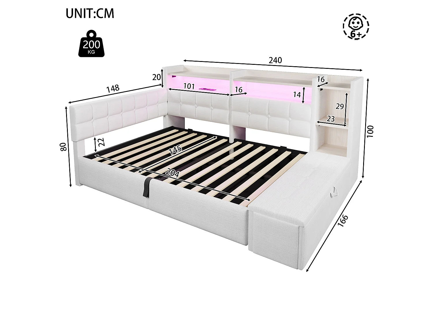 Letto contenitore 140 x 200 cm con ripiano a scomparto, panca contenitore, LED, USB e Type-C - Velluto e MDF - Bianco (Materasso non incluso)