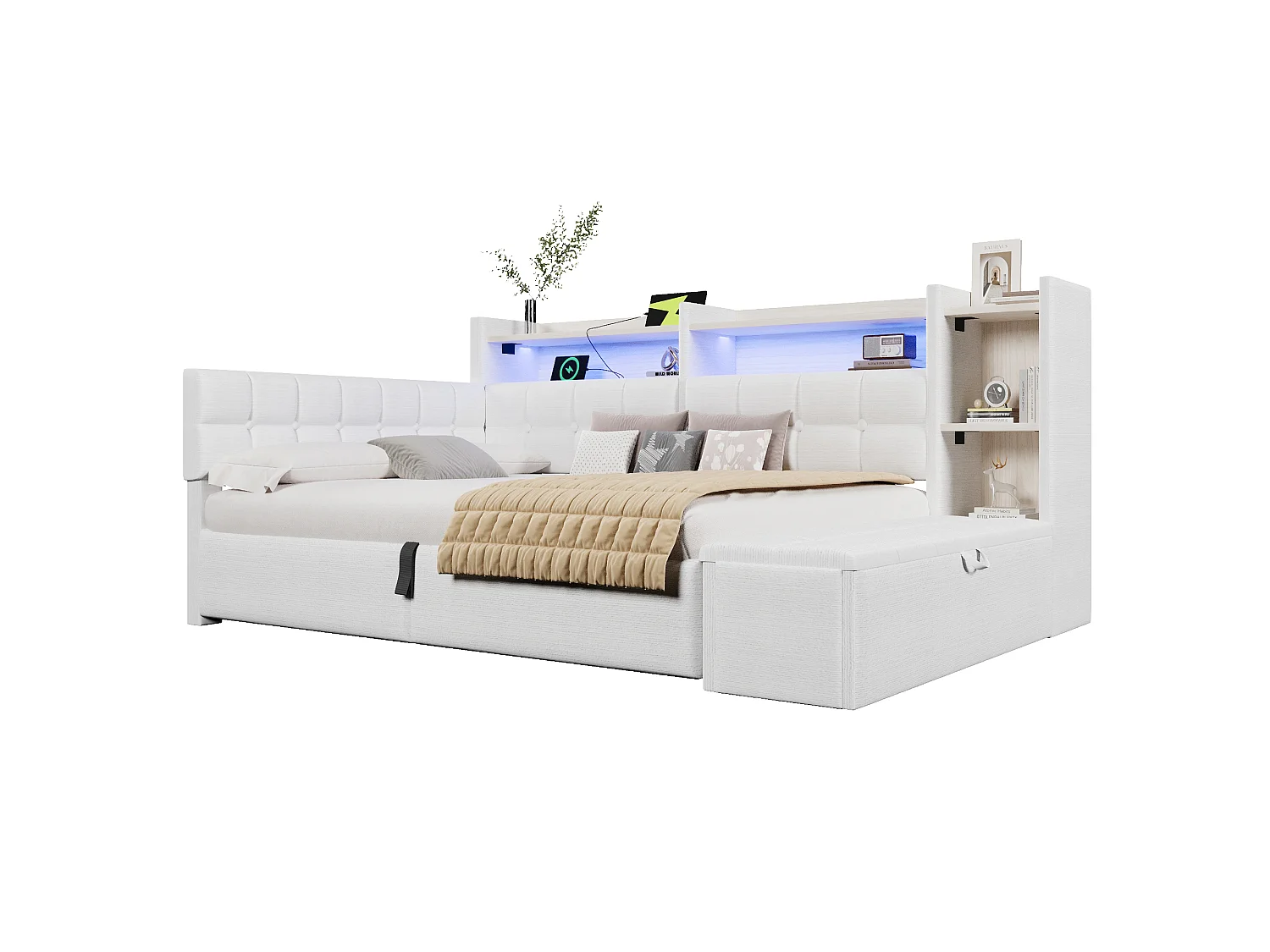 Letto contenitore 140 x 200 cm con ripiano a scomparto, panca contenitore, LED, USB e Type-C - Velluto e MDF - Bianco (Materasso non incluso)
