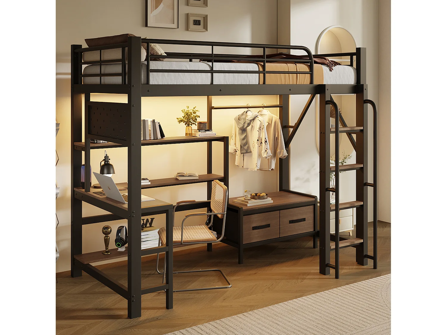 Lit mezzanine 90 x 200 cm avec bureau, étagères, penderie et panneau perforé – Métal et MDF – LED + USB – Noir (Sans matelas)