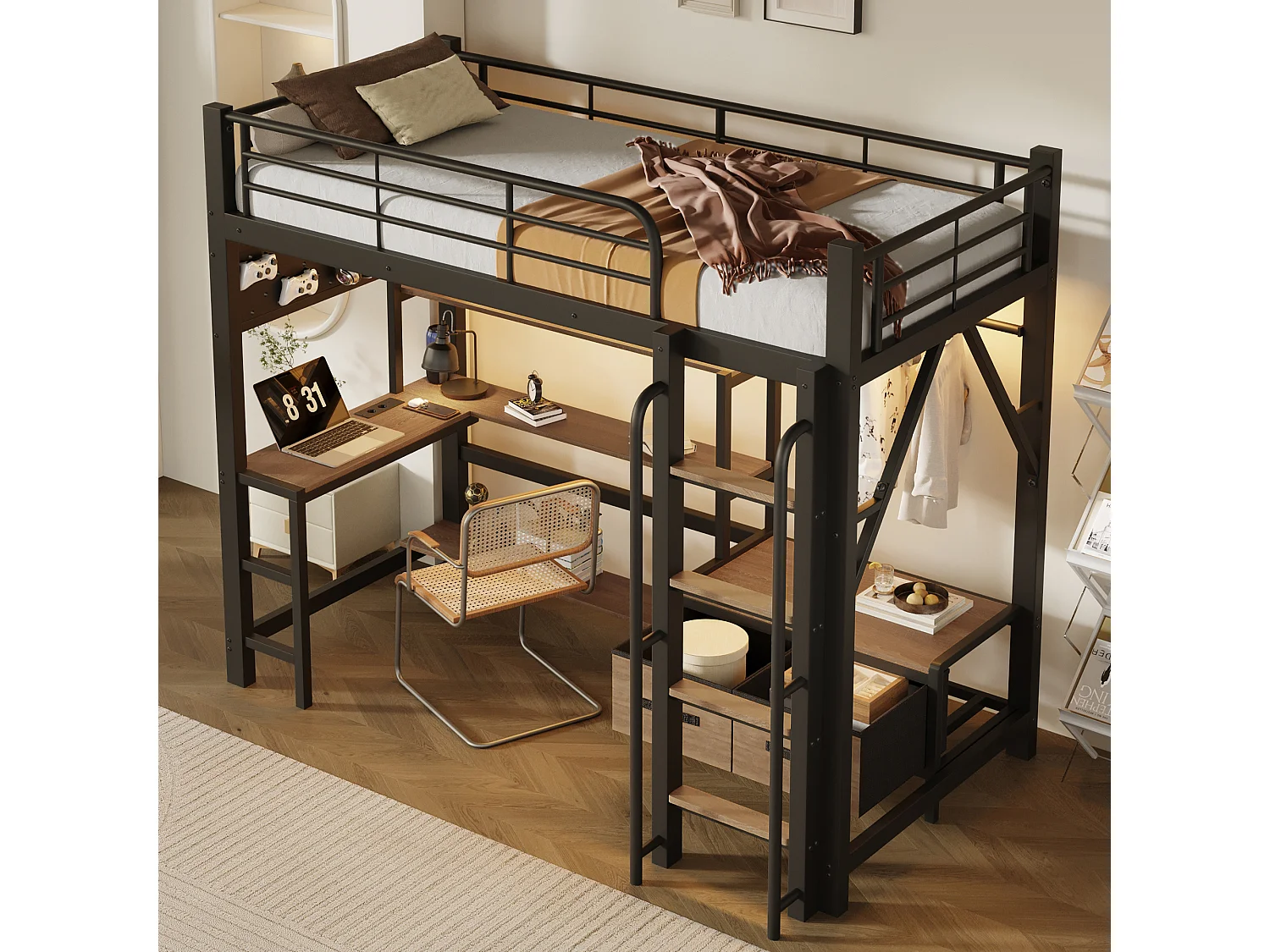 Lit mezzanine 90 x 200 cm avec bureau, étagères, penderie et panneau perforé – Métal et MDF – LED + USB – Noir (Sans matelas)