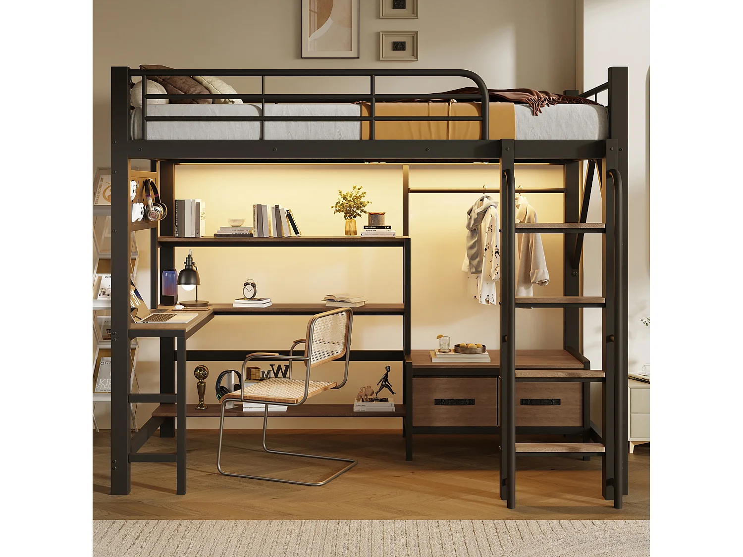Lit mezzanine 90 x 200 cm avec bureau, étagères, penderie et panneau perforé – Métal et MDF – LED + USB – Noir (Sans matelas)