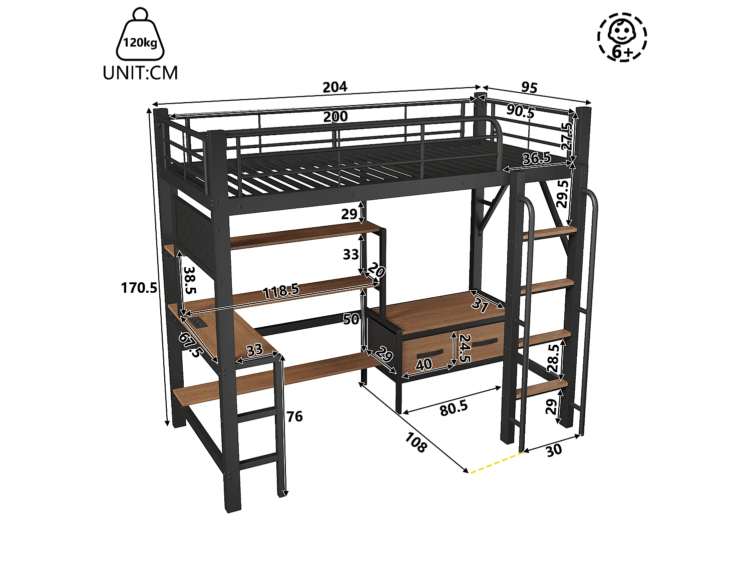 Lit mezzanine 90 x 200 cm avec bureau, étagères, penderie et panneau perforé – Métal et MDF – LED + USB – Noir (Sans matelas)