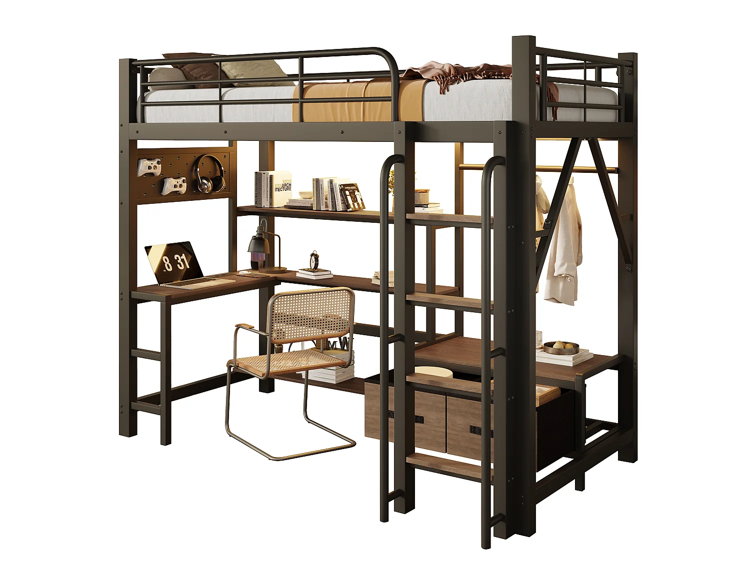 Lit mezzanine 90 x 200 cm avec bureau, étagères, penderie et panneau perforé – Métal et MDF – LED + USB – Noir (Sans matelas)
