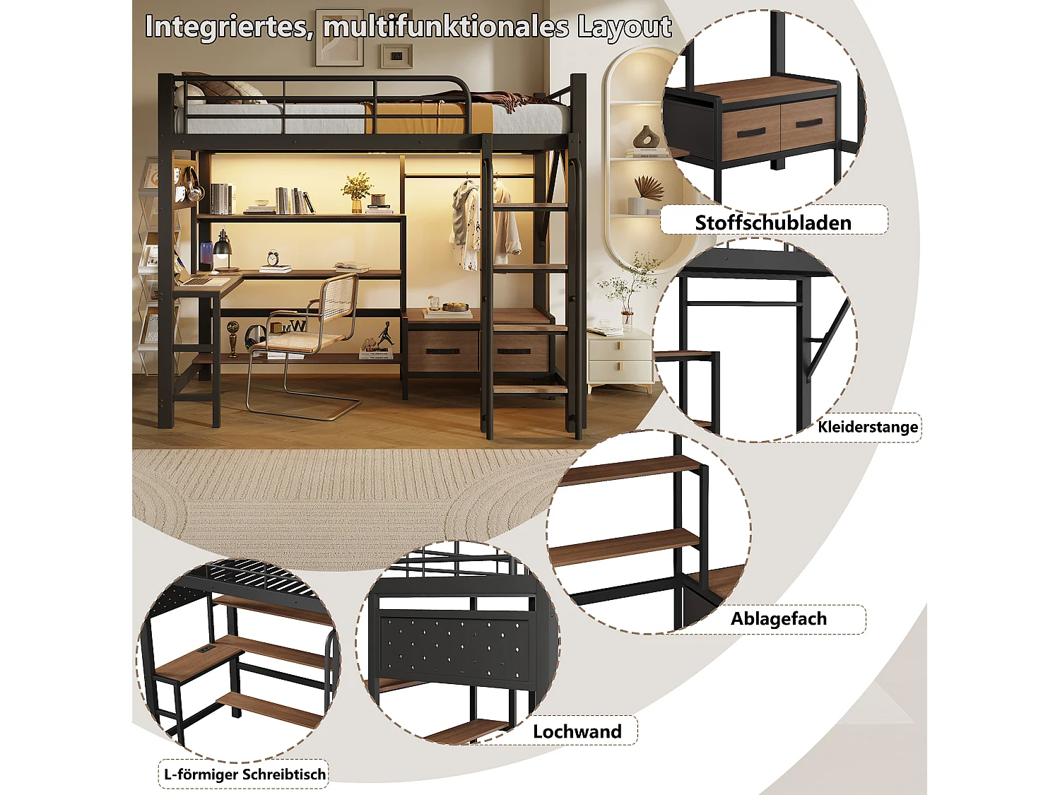 Lit mezzanine 90 x 200 cm avec bureau, étagères, penderie et panneau perforé – Métal et MDF – LED + USB – Noir (Sans matelas)