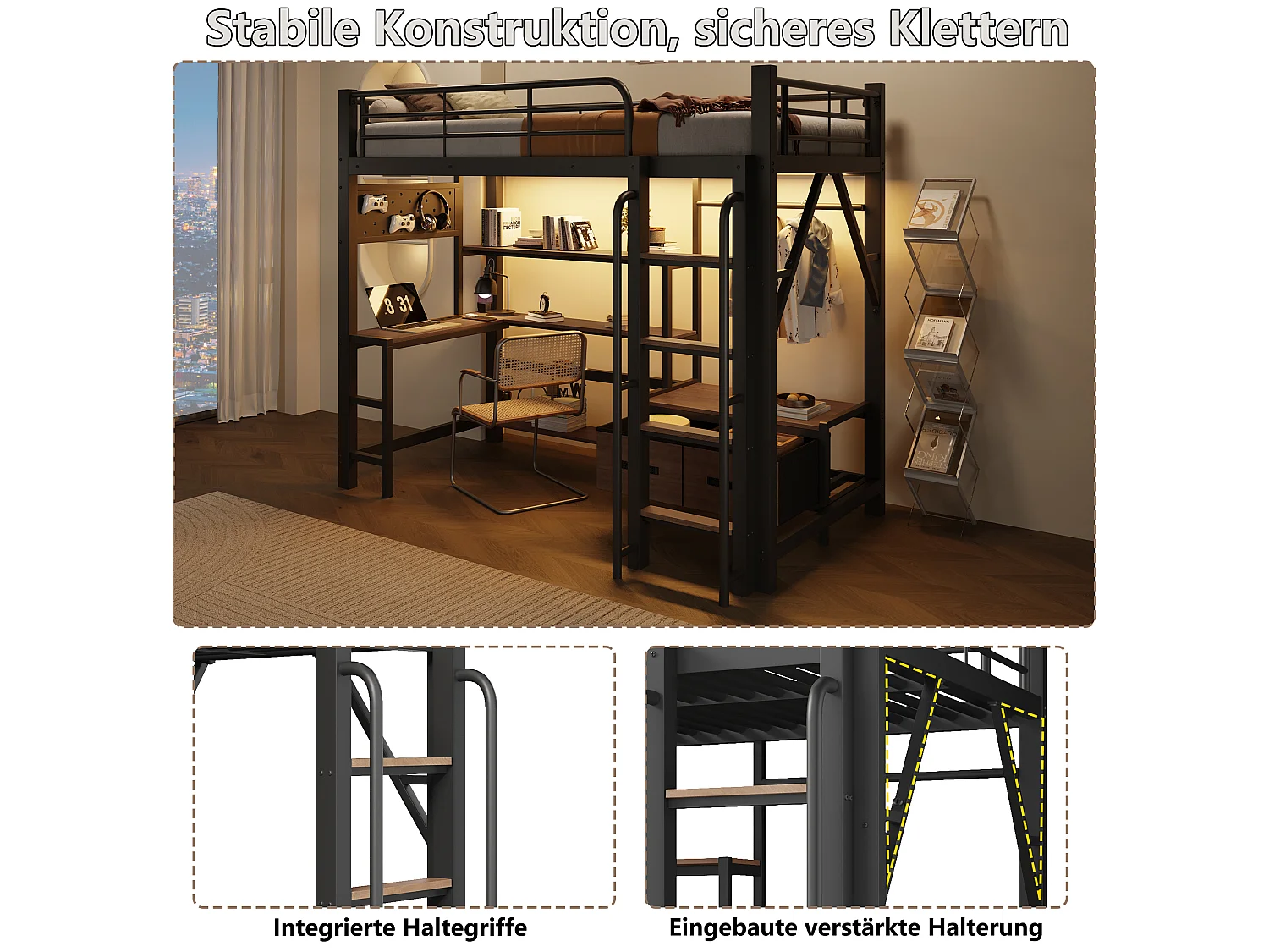 Lit mezzanine 90 x 200 cm avec bureau, étagères, penderie et panneau perforé – Métal et MDF – LED + USB – Noir (Sans matelas)