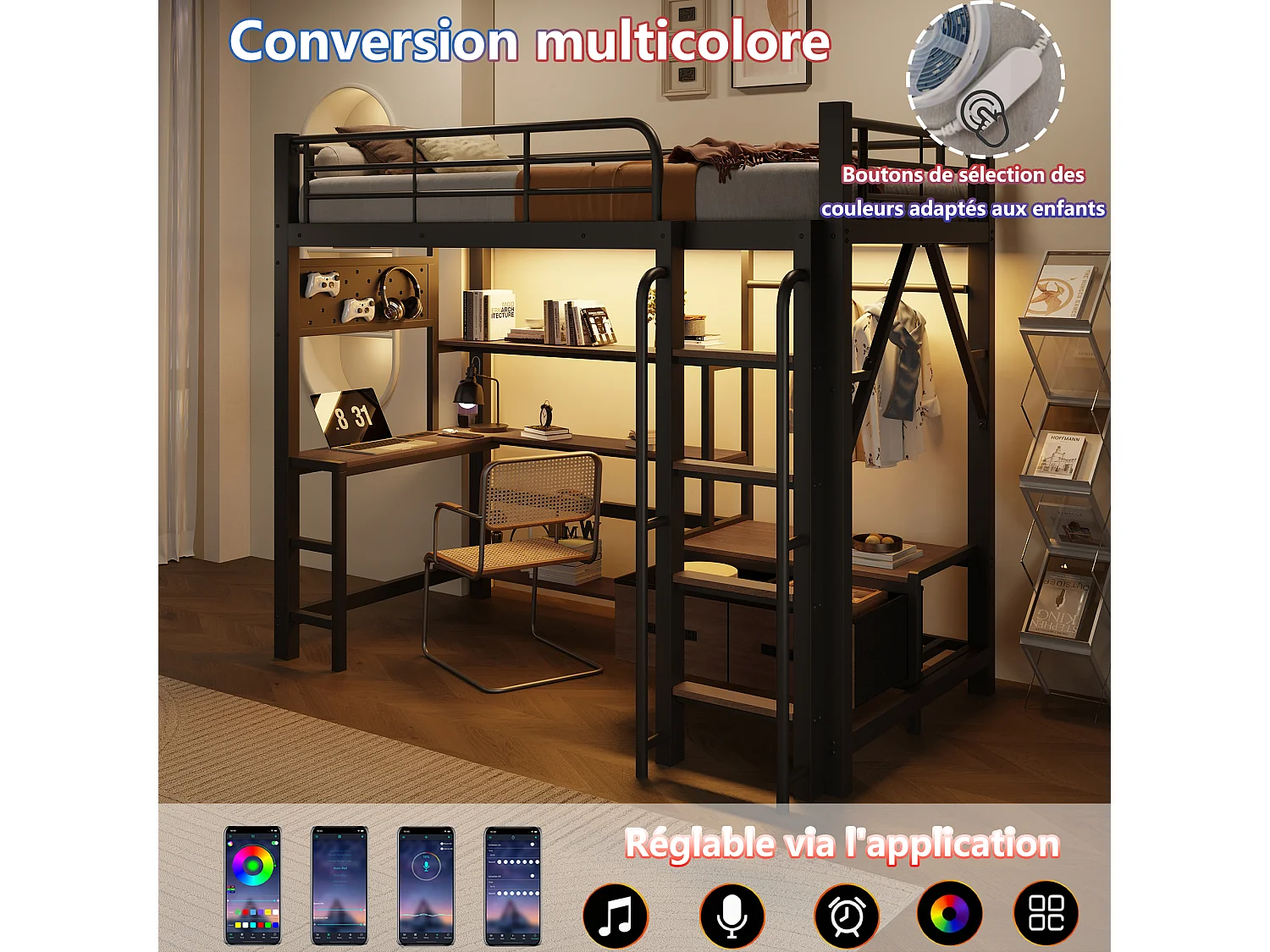 Lit mezzanine 90 x 200 cm avec bureau, étagères, penderie et panneau perforé – Métal et MDF – LED + USB – Noir (Sans matelas)