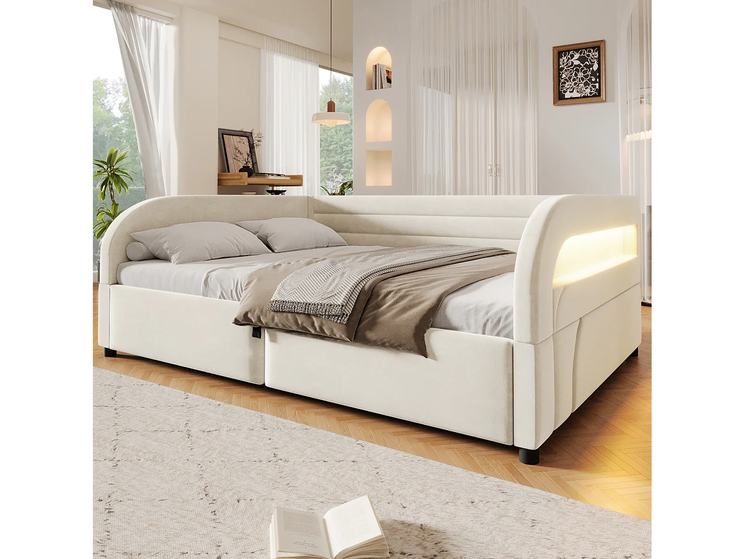 Letto contenitore imbottito 140 x 200 cm con meccanismo idraulico, illuminazione a LED RGB e schienale imbottito - Flanella/MDF - Bianco (Materasso non incluso)