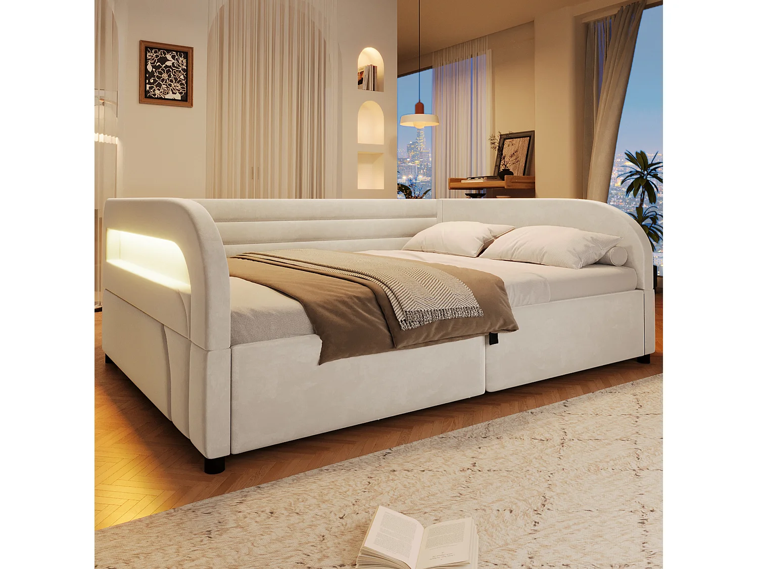 Letto contenitore imbottito 140 x 200 cm con meccanismo idraulico, illuminazione a LED RGB e schienale imbottito - Flanella/MDF - Bianco (Materasso non incluso)