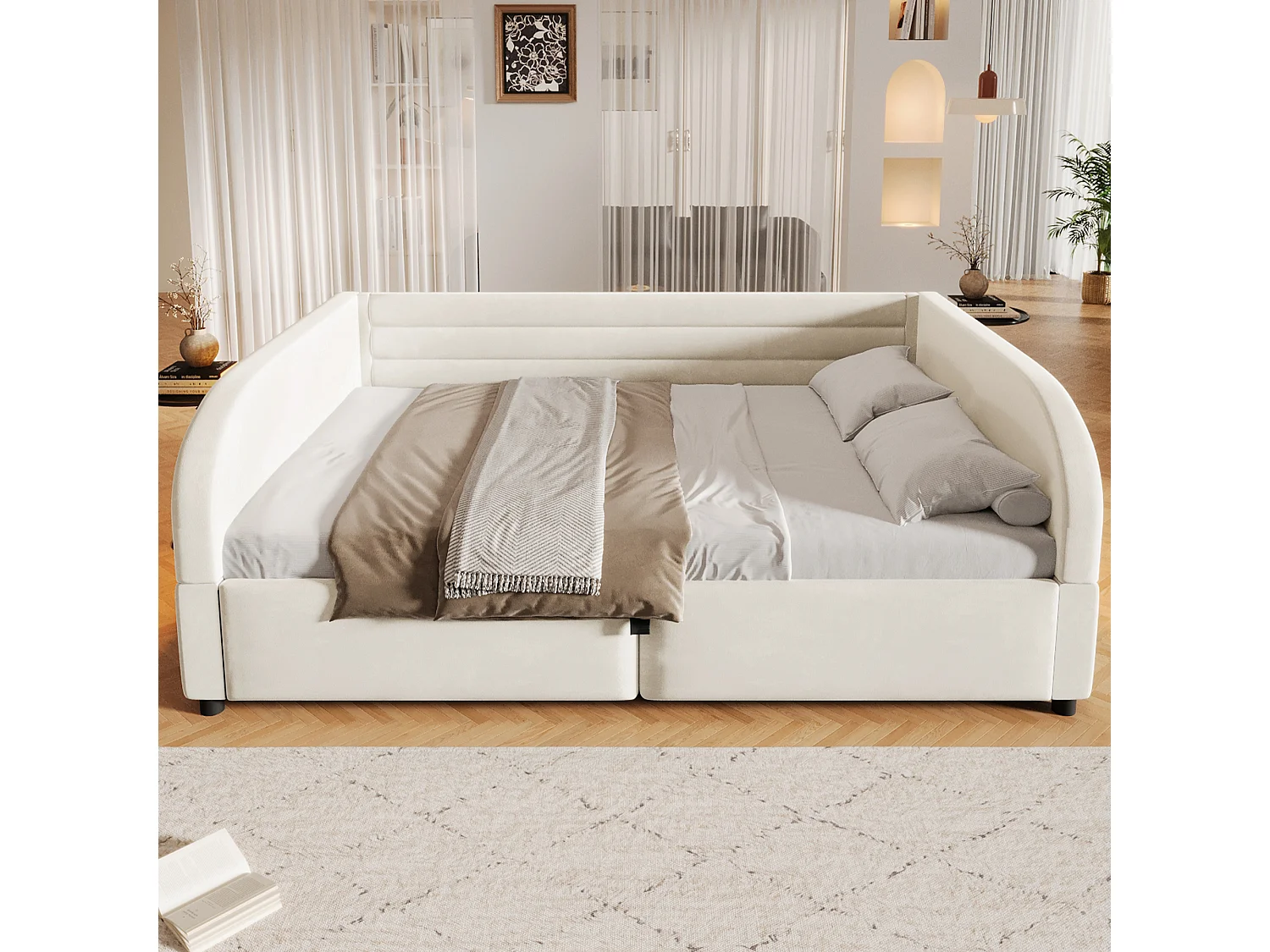 Letto contenitore imbottito 140 x 200 cm con meccanismo idraulico, illuminazione a LED RGB e schienale imbottito - Flanella/MDF - Bianco (Materasso non incluso)
