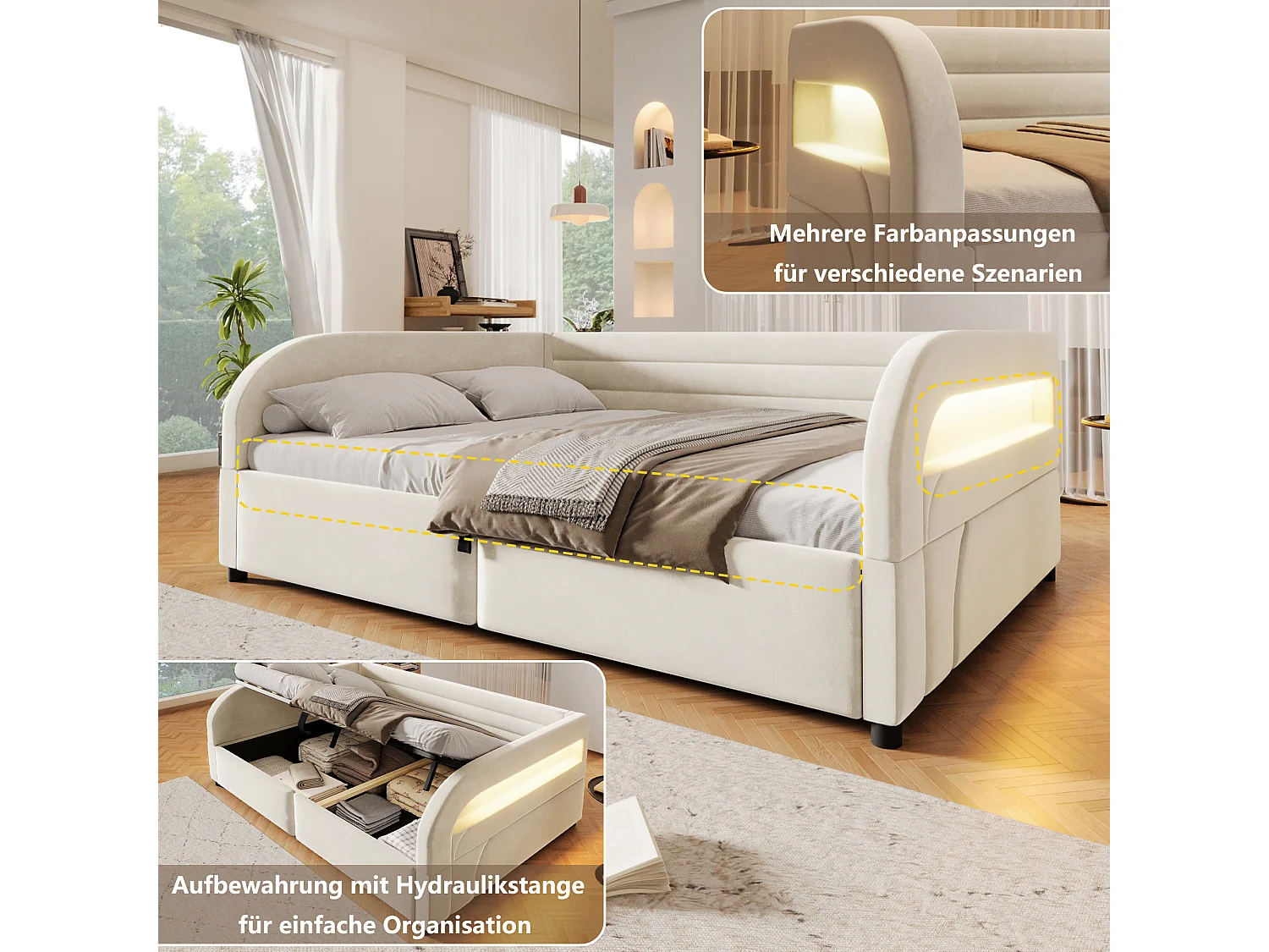 Letto contenitore imbottito 140 x 200 cm con meccanismo idraulico, illuminazione a LED RGB e schienale imbottito - Flanella/MDF - Bianco (Materasso non incluso)