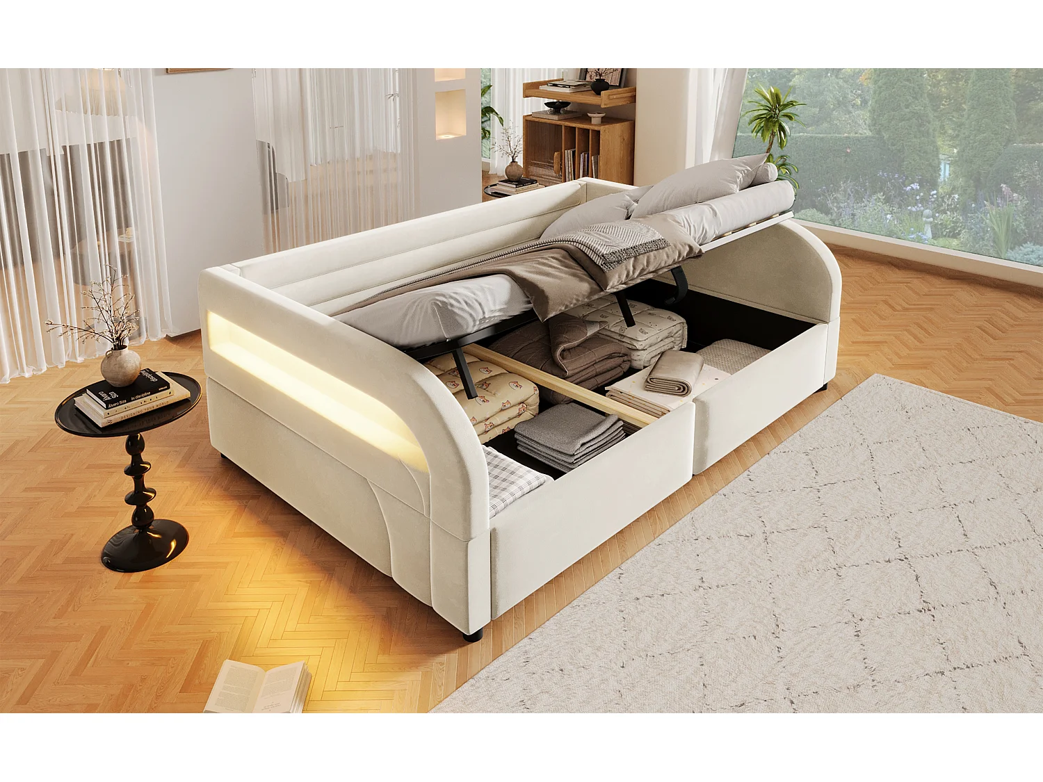 Letto contenitore imbottito 140 x 200 cm con meccanismo idraulico, illuminazione a LED RGB e schienale imbottito - Flanella/MDF - Bianco (Materasso non incluso)