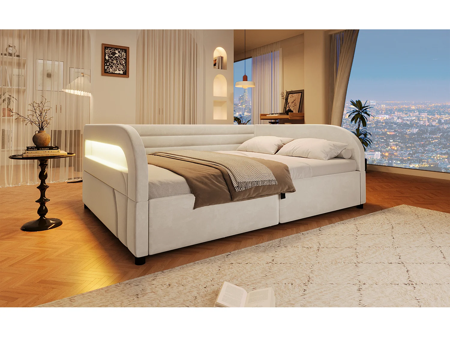 Letto contenitore imbottito 140 x 200 cm con meccanismo idraulico, illuminazione a LED RGB e schienale imbottito - Flanella/MDF - Bianco (Materasso non incluso)