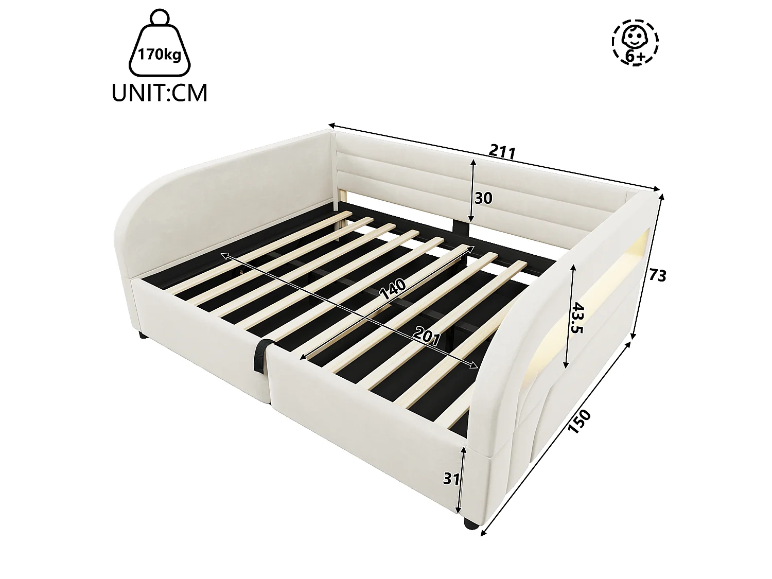 Letto contenitore imbottito 140 x 200 cm con meccanismo idraulico, illuminazione a LED RGB e schienale imbottito - Flanella/MDF - Bianco (Materasso non incluso)