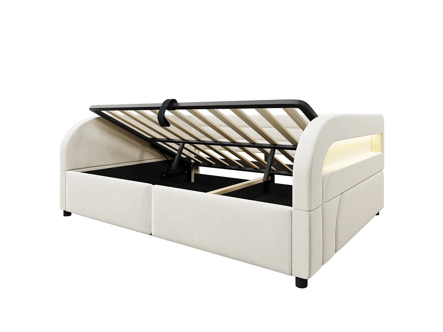 Letto contenitore imbottito 140 x 200 cm con meccanismo idraulico, illuminazione a LED RGB e schienale imbottito - Flanella/MDF - Bianco (Materasso non incluso)