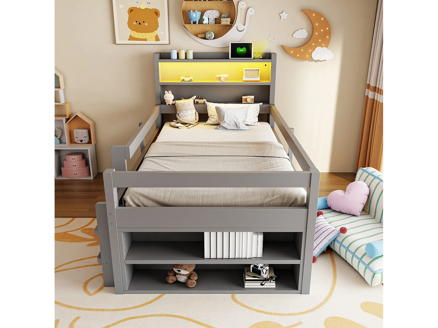 Lit enfant mezzanine 90 x 200 cm avec 2 portes coulissantes, étagères, LED et ports USB - Pin et MDF - Gris (sans matelas)