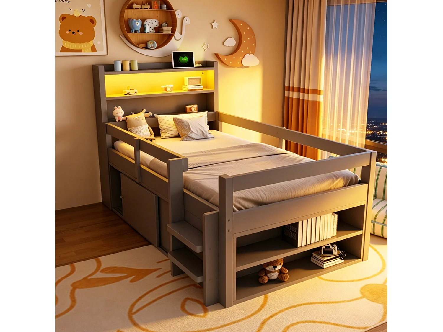 Lit enfant mezzanine 90 x 200 cm avec 2 portes coulissantes, étagères, LED et ports USB - Pin et MDF - Gris (sans matelas)
