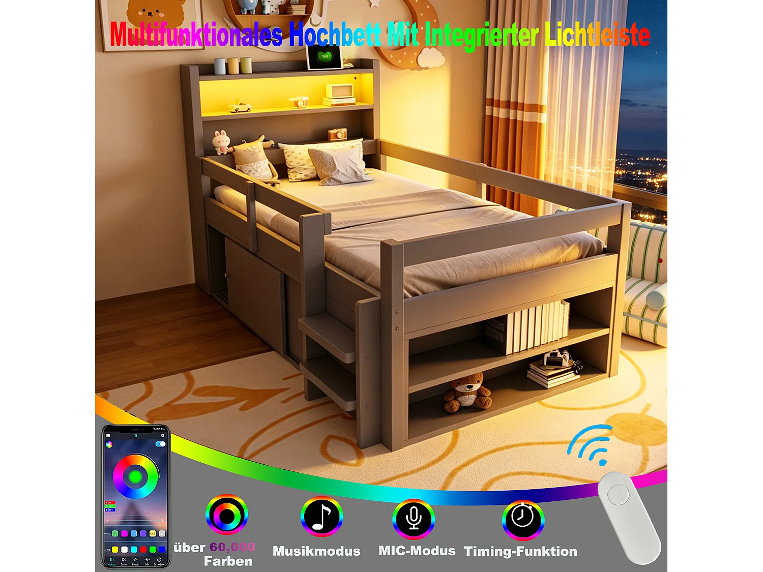 Lit enfant mezzanine 90 x 200 cm avec 2 portes coulissantes, étagères, LED et ports USB - Pin et MDF - Gris (sans matelas)