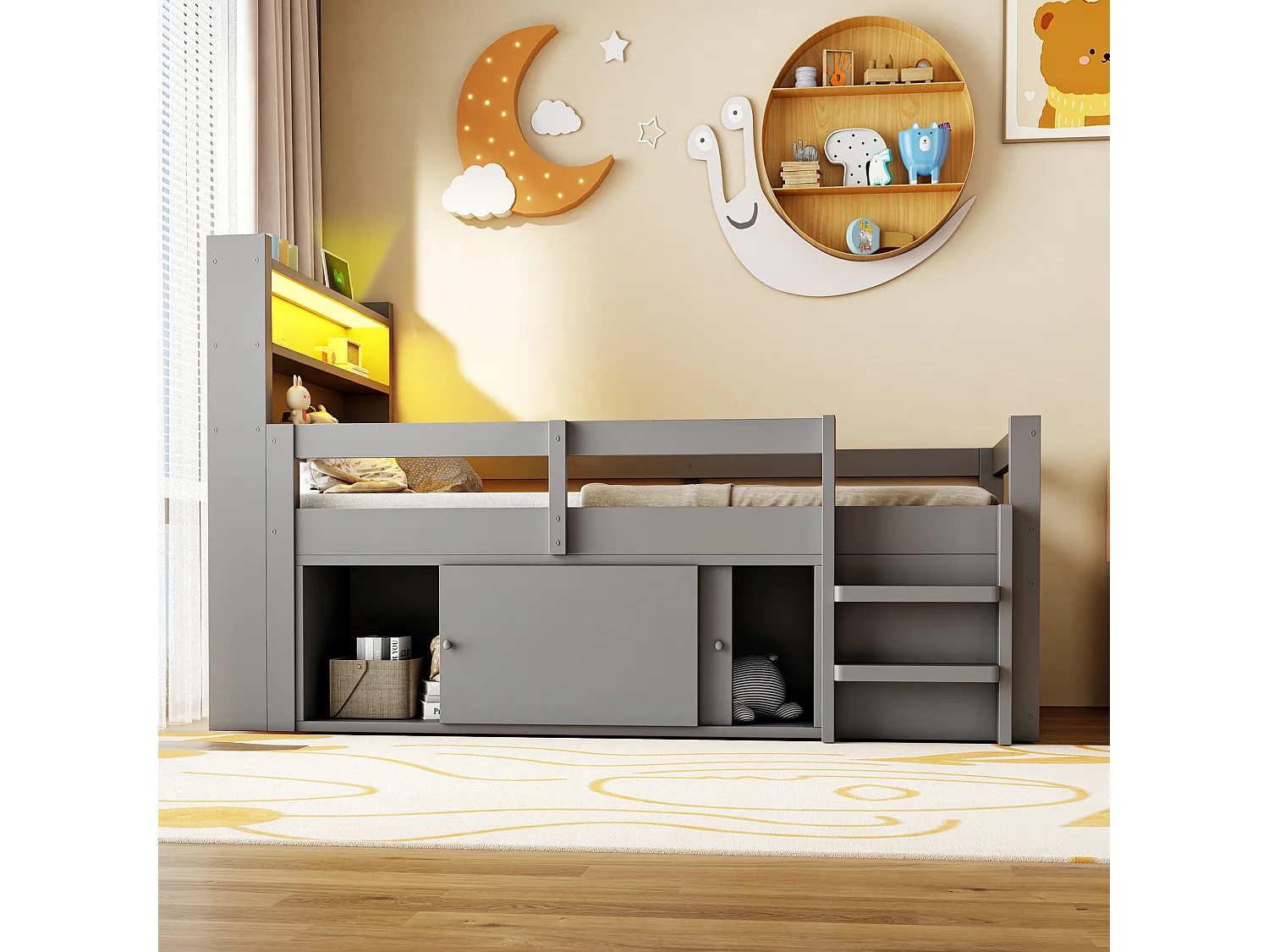Lit enfant mezzanine 90 x 200 cm avec 2 portes coulissantes, étagères, LED et ports USB - Pin et MDF - Gris (sans matelas)