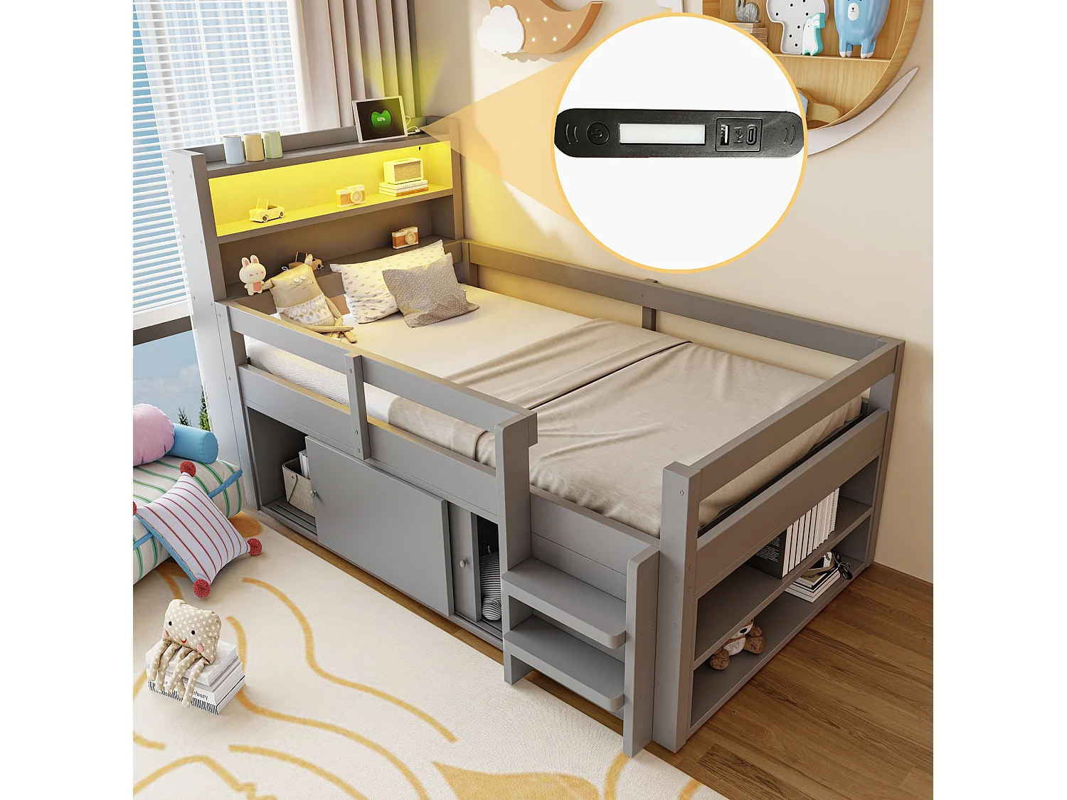 Lit enfant mezzanine 90 x 200 cm avec 2 portes coulissantes, étagères, LED et ports USB - Pin et MDF - Gris (sans matelas)