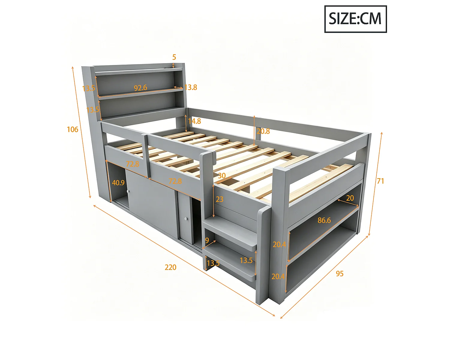 Lit enfant mezzanine 90 x 200 cm avec 2 portes coulissantes, étagères, LED et ports USB - Pin et MDF - Gris (sans matelas)