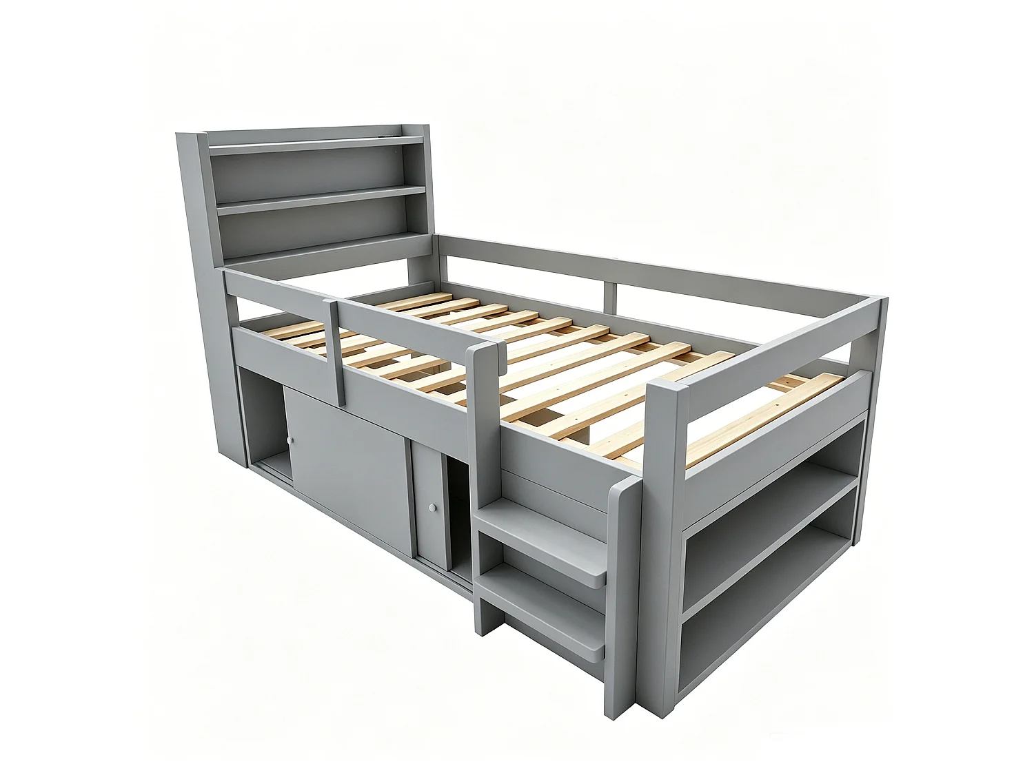 Lit enfant mezzanine 90 x 200 cm avec 2 portes coulissantes, étagères, LED et ports USB - Pin et MDF - Gris (sans matelas)