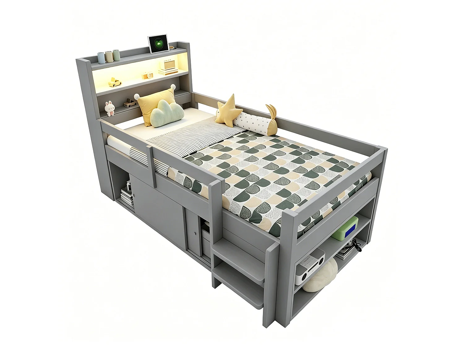Lit enfant mezzanine 90 x 200 cm avec 2 portes coulissantes, étagères, LED et ports USB - Pin et MDF - Gris (sans matelas)
