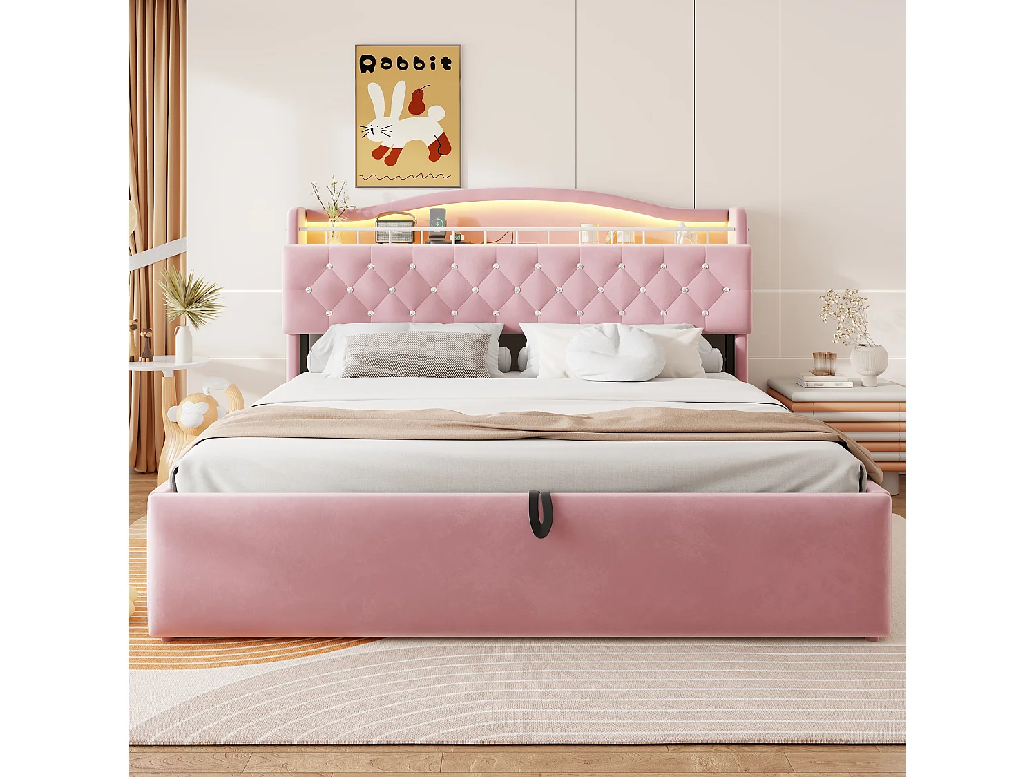 Lit coffre 180 x 200 cm avec tête de lit ouvrante, ports USB & USB-C, LED - Velours + MDF + métal - Rose (Sans matelas)