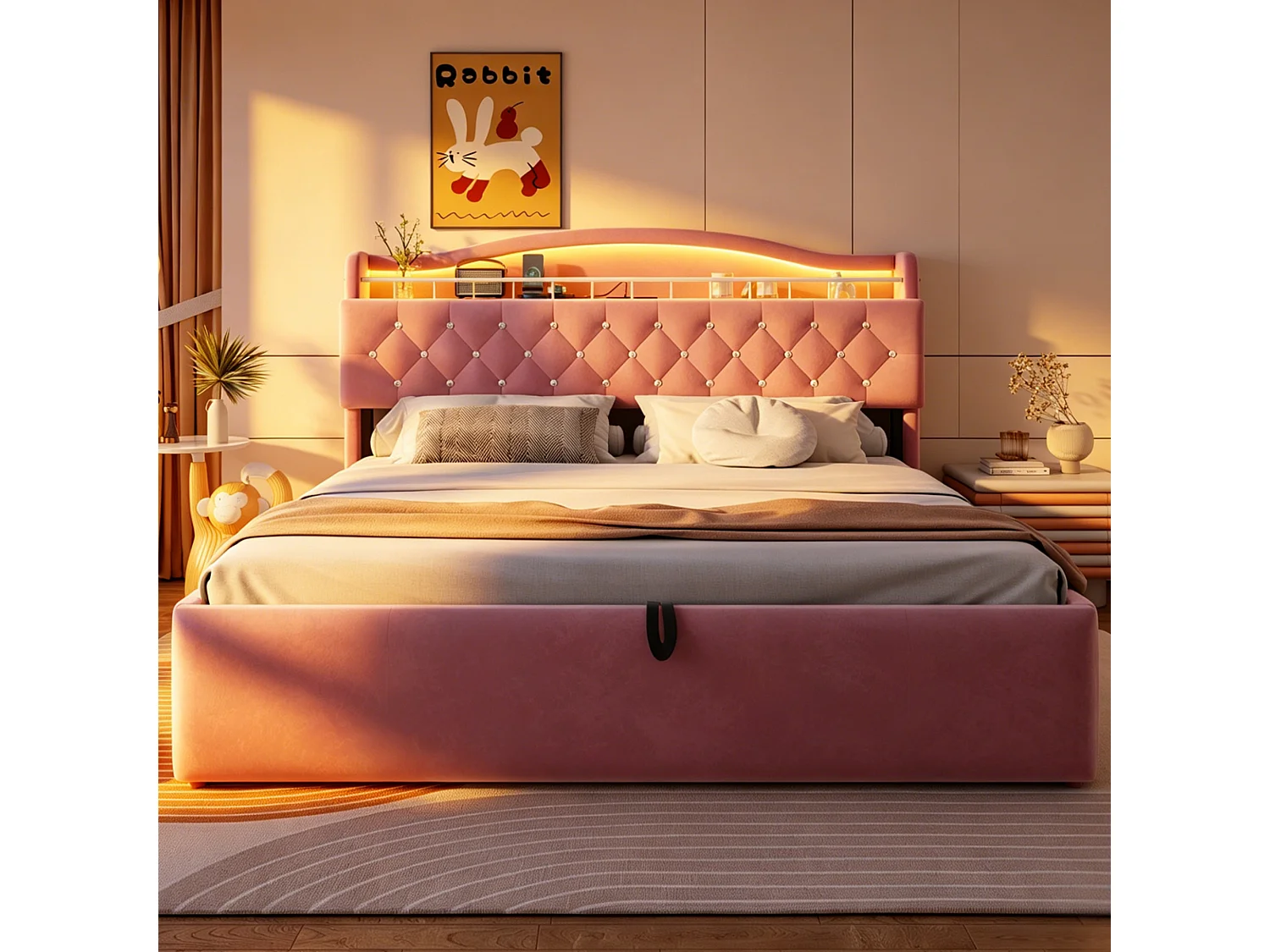Lit coffre 180 x 200 cm avec tête de lit ouvrante, ports USB & USB-C, LED - Velours + MDF + métal - Rose (Sans matelas)