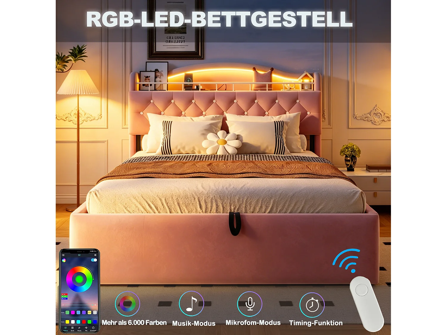 Lit coffre 180 x 200 cm avec tête de lit ouvrante, ports USB & USB-C, LED - Velours + MDF + métal - Rose (Sans matelas)