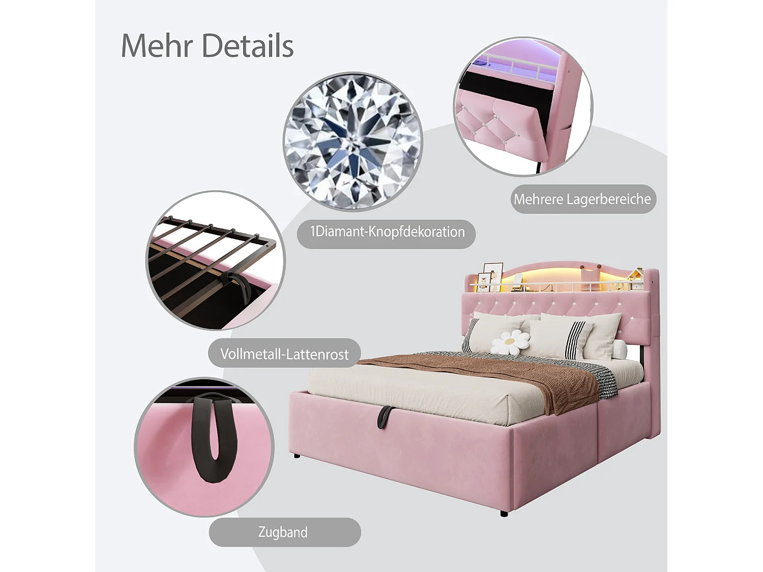 Lit coffre 180 x 200 cm avec tête de lit ouvrante, ports USB & USB-C, LED - Velours + MDF + métal - Rose (Sans matelas)