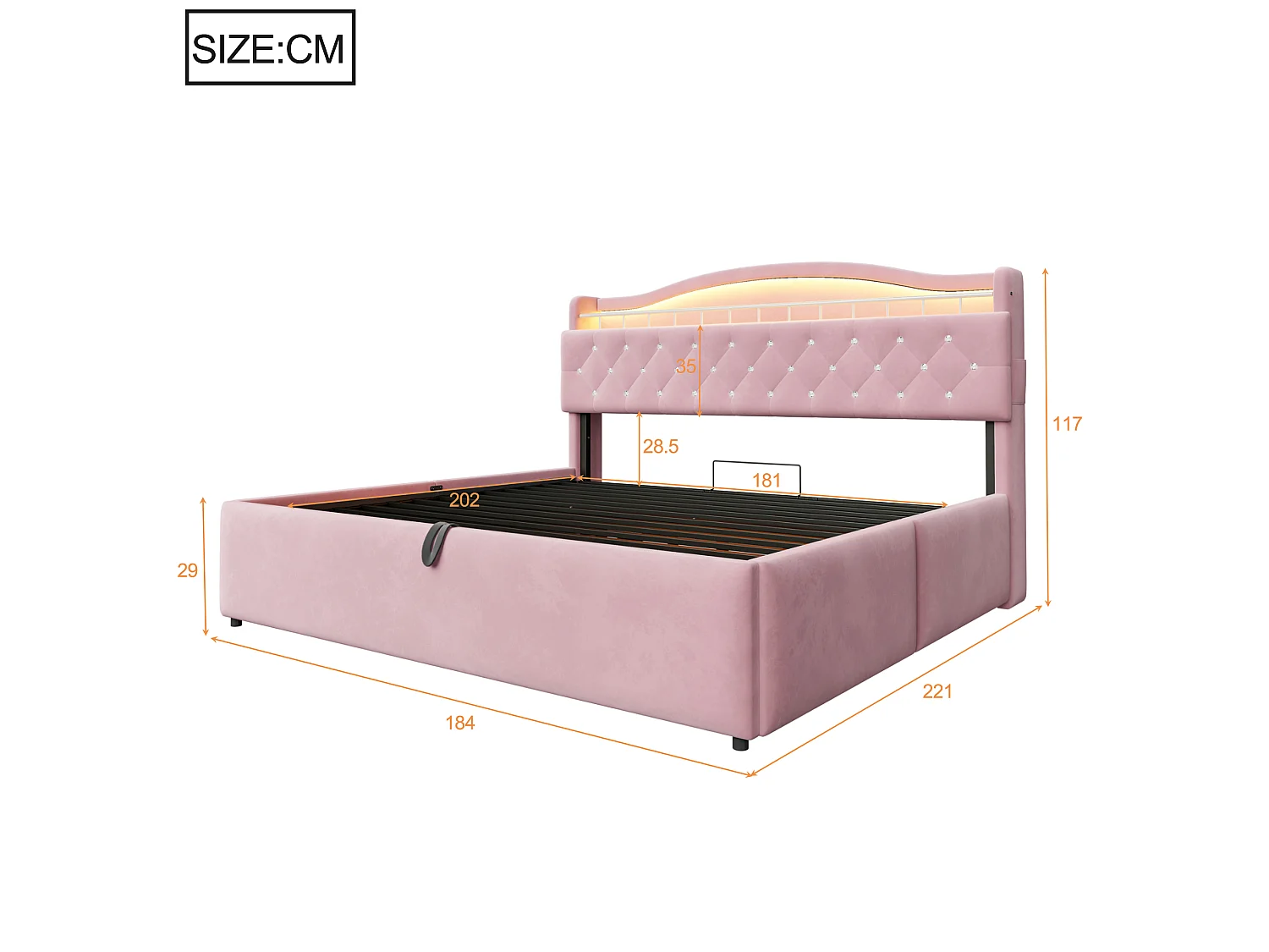Lit coffre 180 x 200 cm avec tête de lit ouvrante, ports USB & USB-C, LED - Velours + MDF + métal - Rose (Sans matelas)