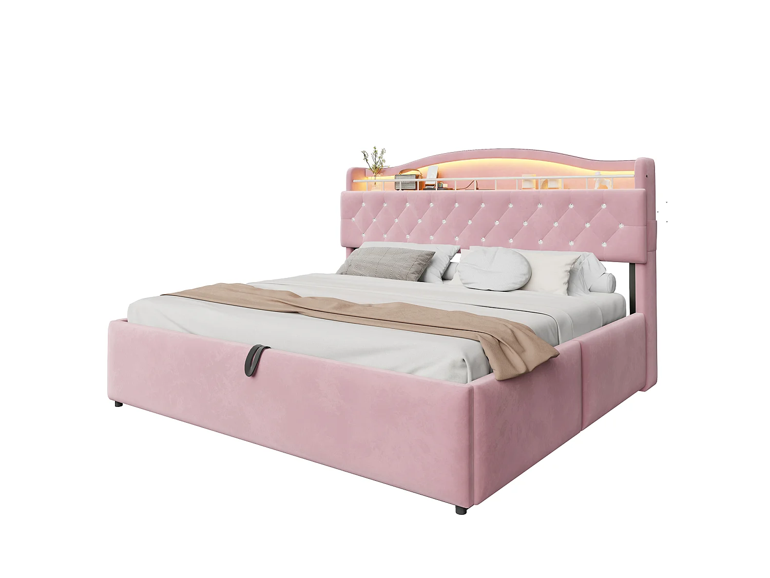 Lit coffre 180 x 200 cm avec tête de lit ouvrante, ports USB & USB-C, LED - Velours + MDF + métal - Rose (Sans matelas)