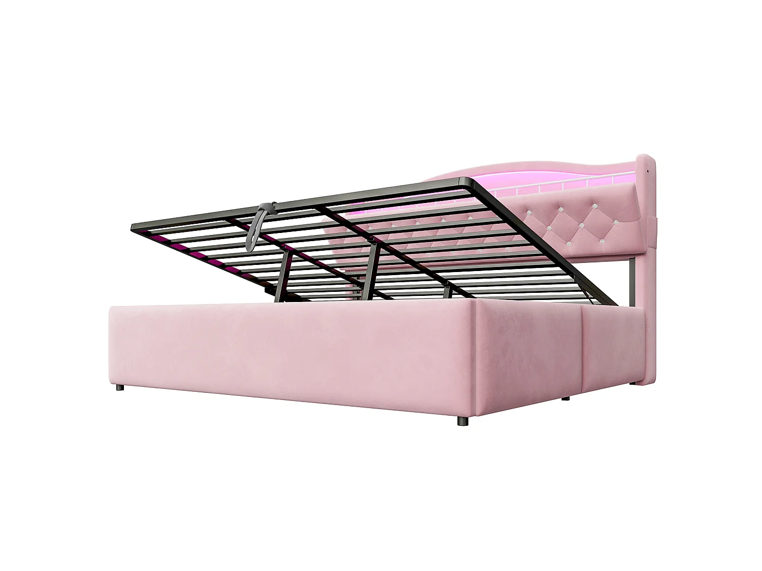 Lit coffre 180 x 200 cm avec tête de lit ouvrante, ports USB & USB-C, LED - Velours + MDF + métal - Rose (Sans matelas)