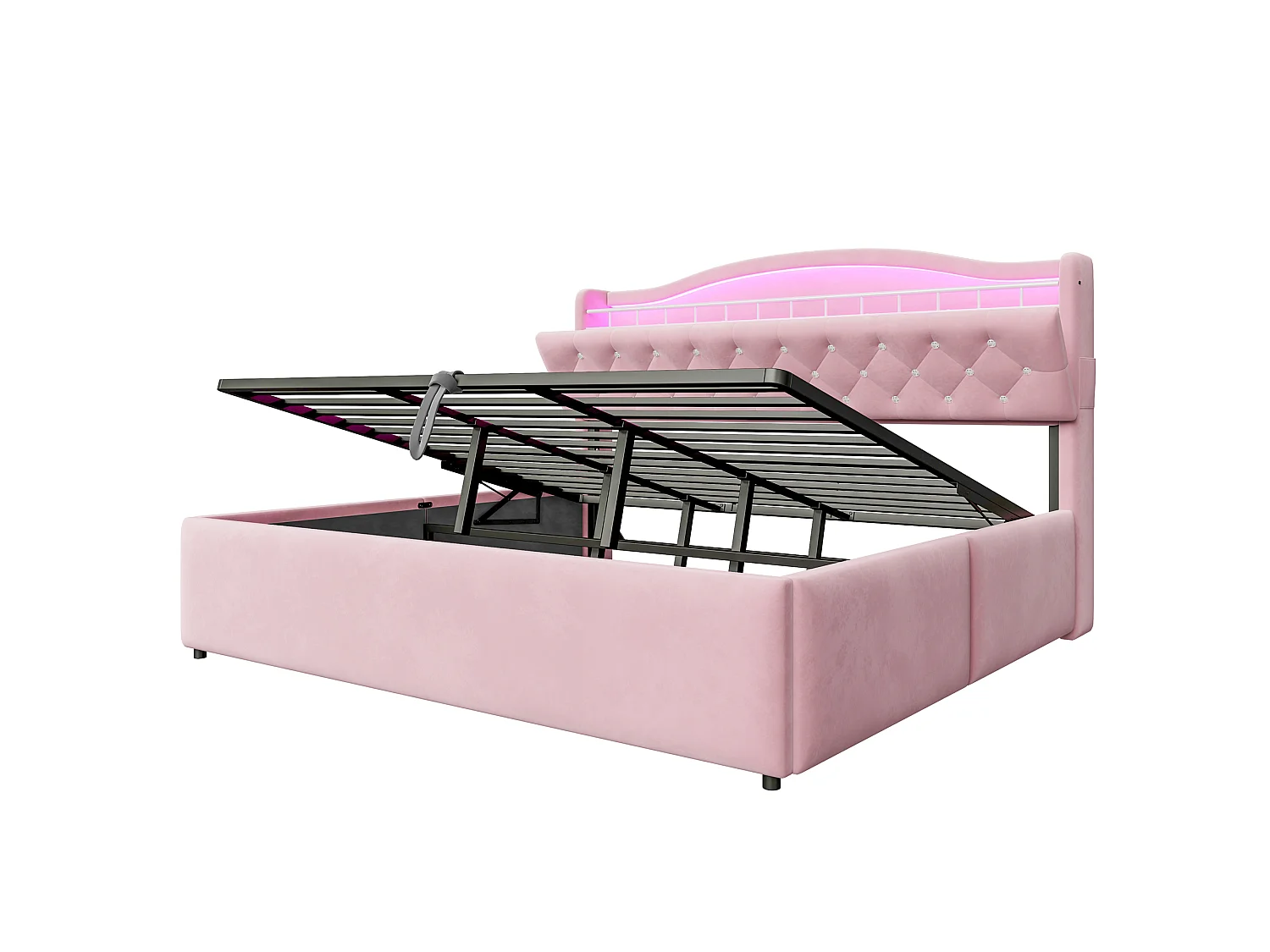 Lit coffre 180 x 200 cm avec tête de lit ouvrante, ports USB & USB-C, LED - Velours + MDF + métal - Rose (Sans matelas)