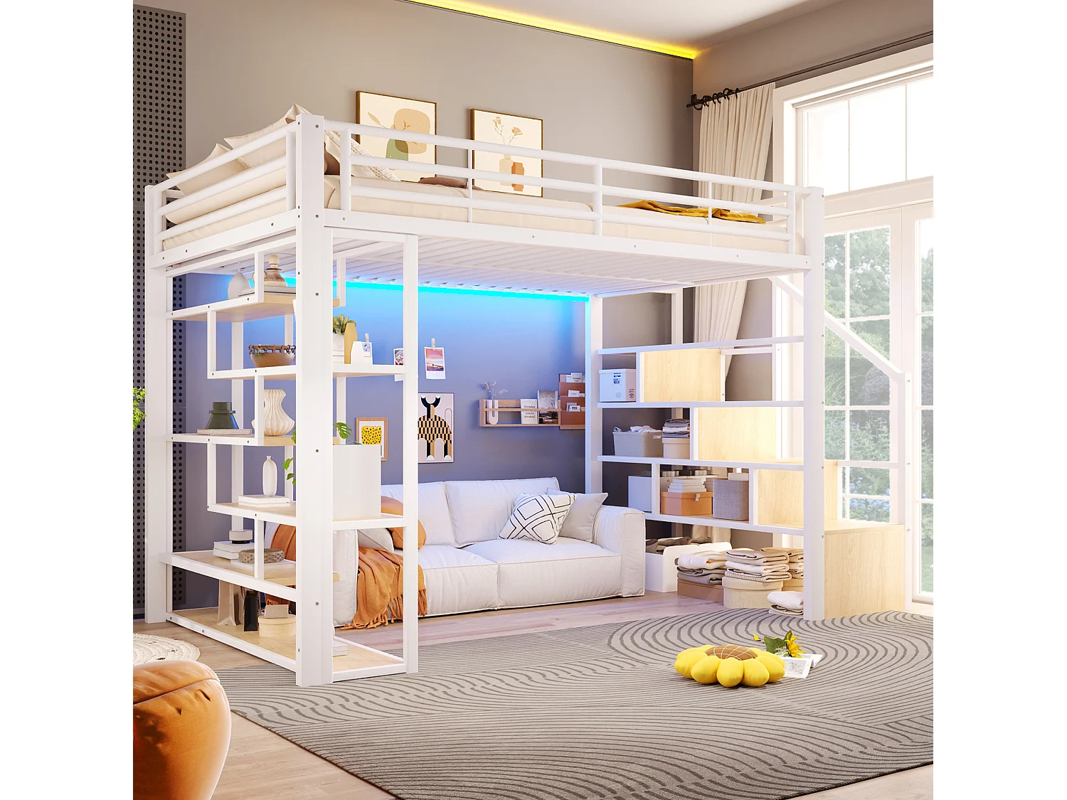 Lit mezzanine 140 x 200 cm avec marches de rangement, étagères ouvert sous le lit – Métal et MDF – LED – Blanc (Sans matelas)