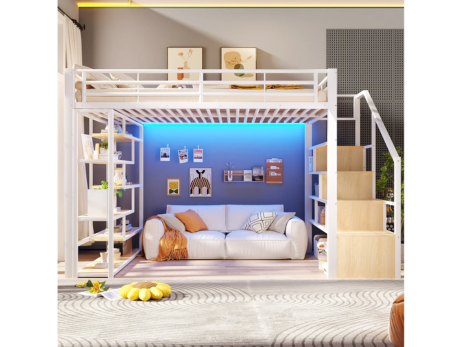 Lit mezzanine 140 x 200 cm avec marches de rangement, étagères ouvert sous le lit – Métal et MDF – LED – Blanc (Sans matelas)