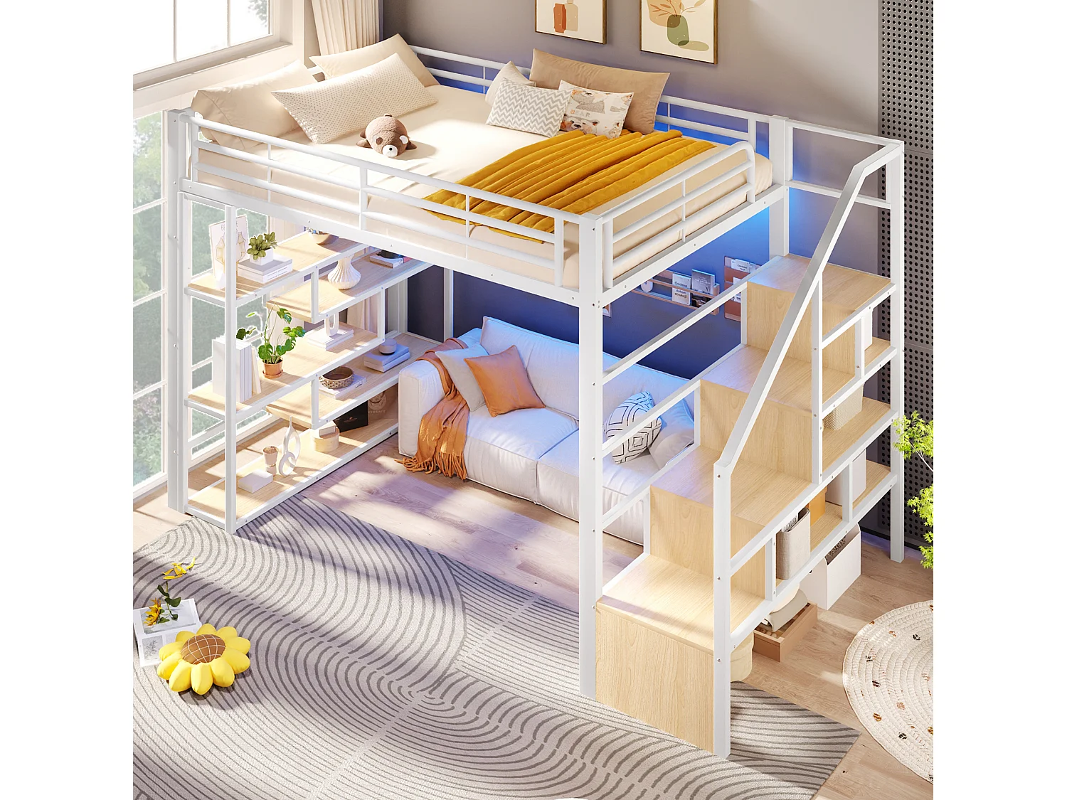 Lit mezzanine 140 x 200 cm avec marches de rangement, étagères ouvert sous le lit – Métal et MDF – LED – Blanc (Sans matelas)