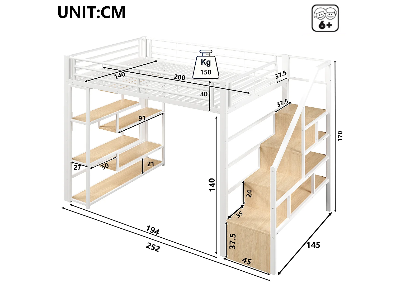 Lit mezzanine 140 x 200 cm avec marches de rangement, étagères ouvert sous le lit – Métal et MDF – LED – Blanc (Sans matelas)