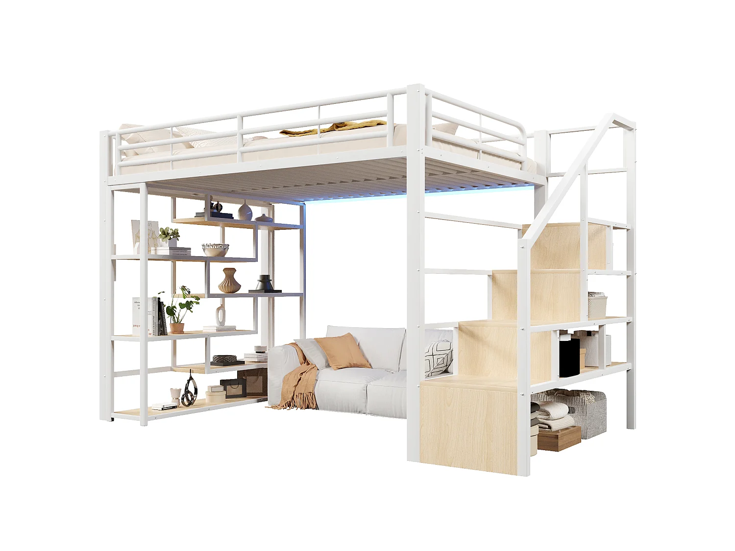 Lit mezzanine 140 x 200 cm avec marches de rangement, étagères ouvert sous le lit – Métal et MDF – LED – Blanc (Sans matelas)