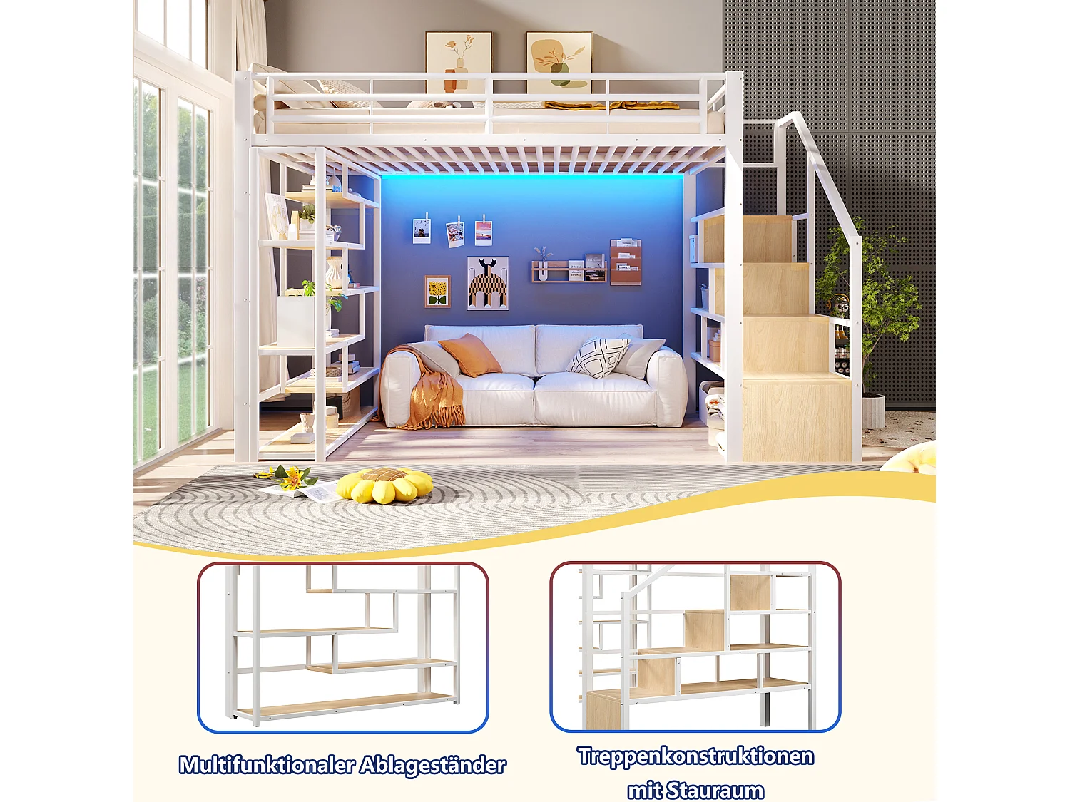 Lit mezzanine 140 x 200 cm avec marches de rangement, étagères ouvert sous le lit – Métal et MDF – LED – Blanc (Sans matelas)