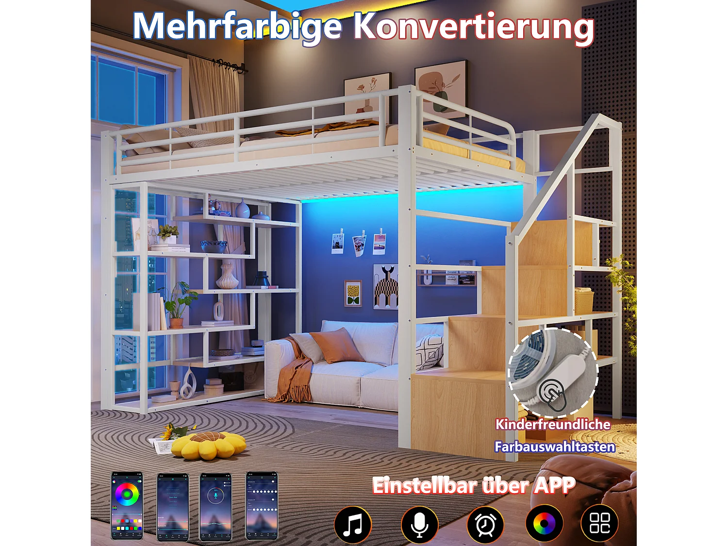 Lit mezzanine 140 x 200 cm avec marches de rangement, étagères ouvert sous le lit – Métal et MDF – LED – Blanc (Sans matelas)