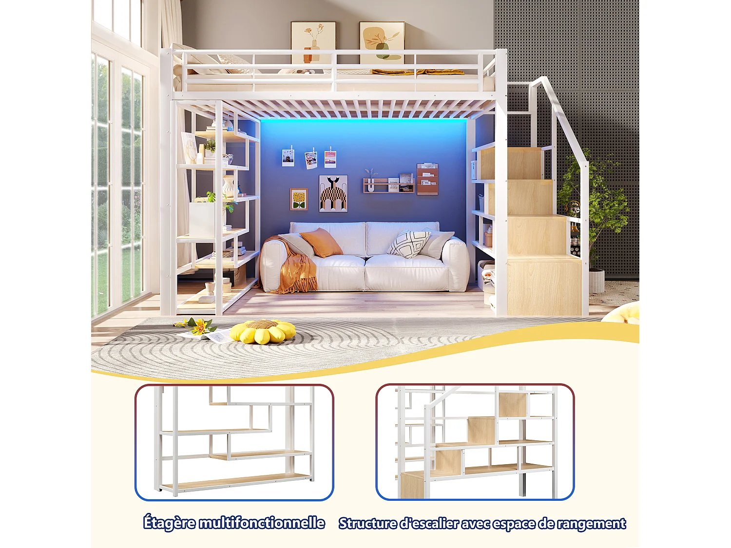 Lit mezzanine 140 x 200 cm avec marches de rangement, étagères ouvert sous le lit – Métal et MDF – LED – Blanc (Sans matelas)