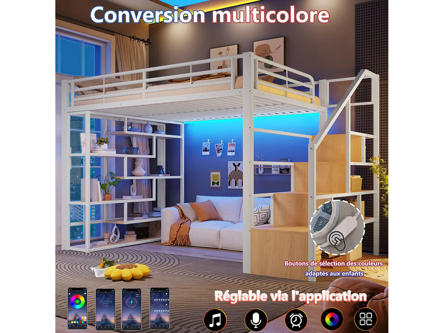 Lit mezzanine 140 x 200 cm avec marches de rangement, étagères ouvert sous le lit – Métal et MDF – LED – Blanc (Sans matelas)