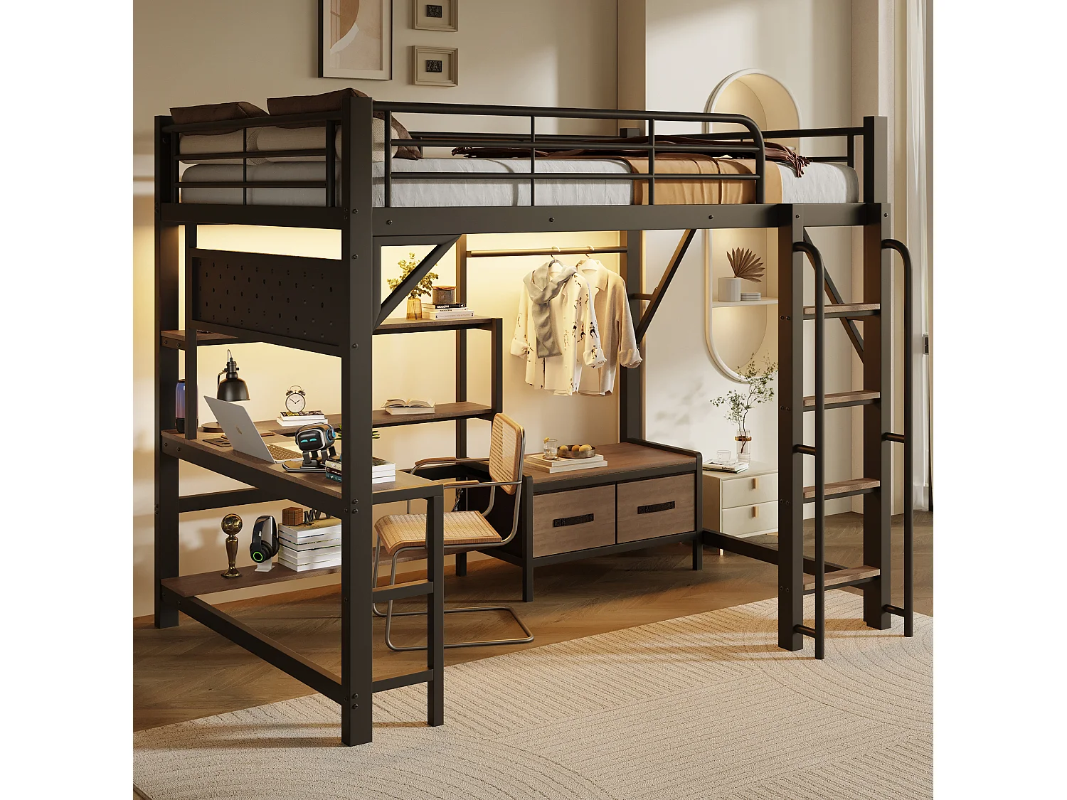 Lit mezzanine 140 x 200 cm avec bureau, étagères, penderie et panneau perforé – Métal et MDF – LED + USB – Noir (Sans matelas)